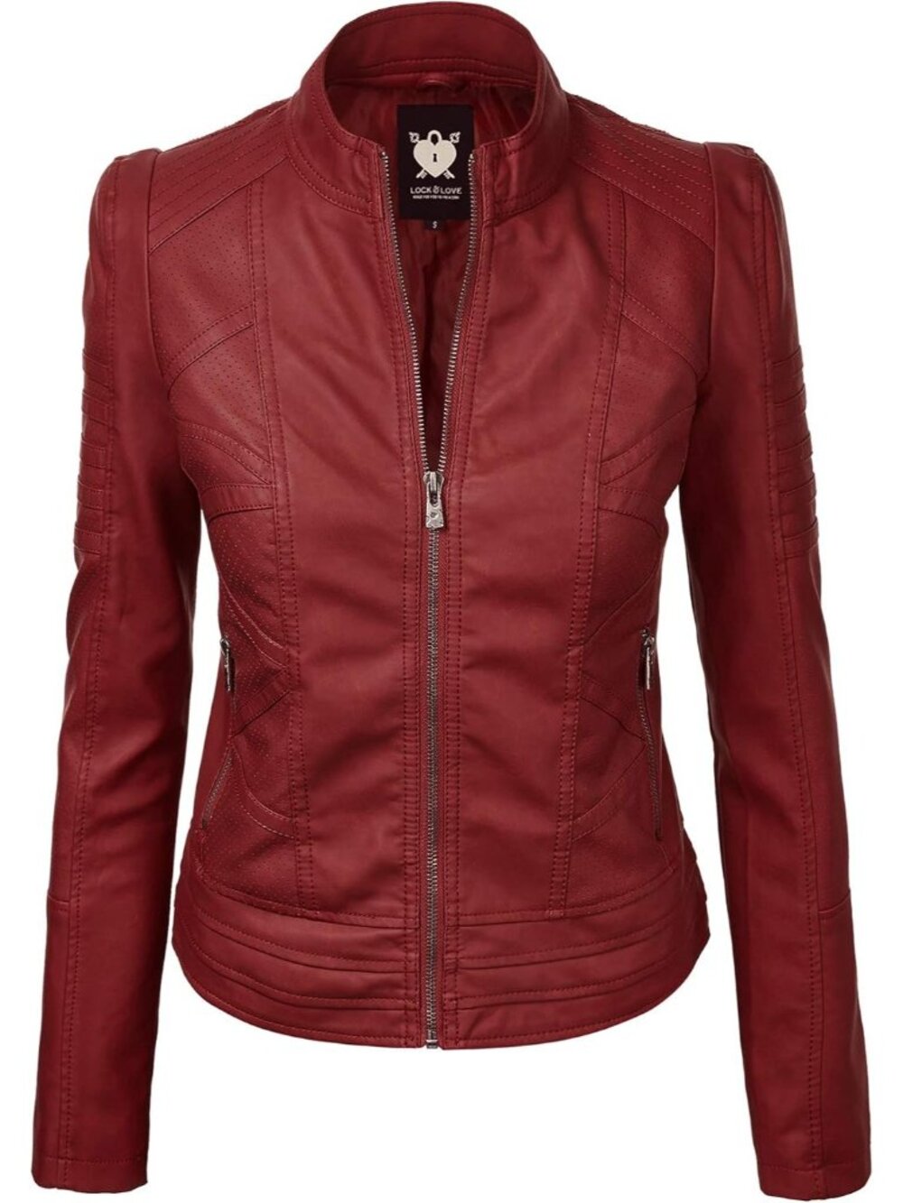 Women's Red Solid Faux Leather Slim Fit Panelled Vegan Classic Moto Biker Jacket